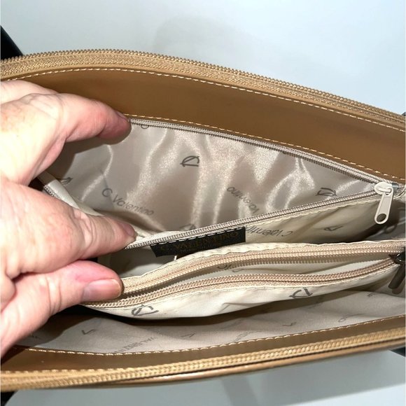Vintage C. Valentino Handbag - Tan Leather With Black Shoulder Straps - Picture 8 of 11